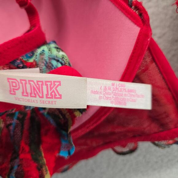 Pink Victoria's Secret Push Up Bra M Red Tropical Print Lace Date Bra - Picture 3 of 8